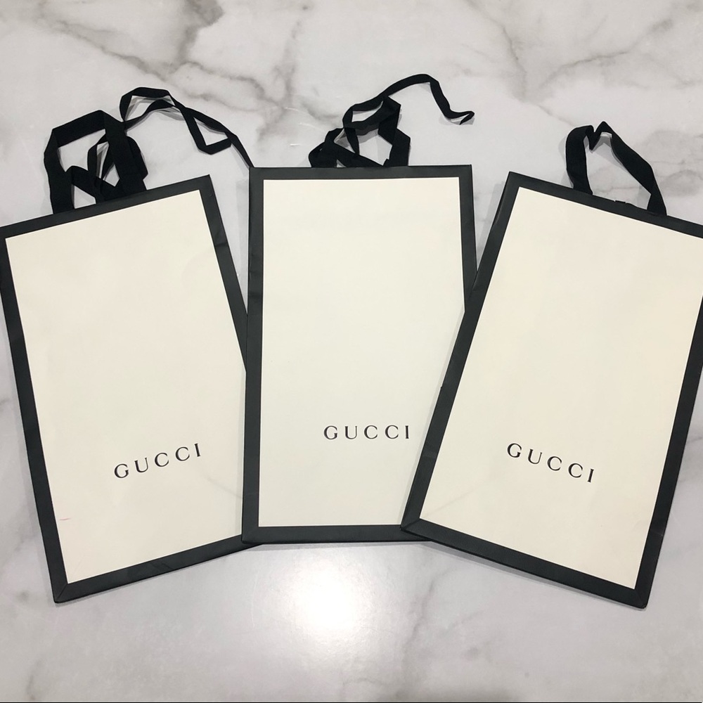 Set of 3 Authentic Gucci Medium Size White & Black Gift Shopping Tote Bag Bundle